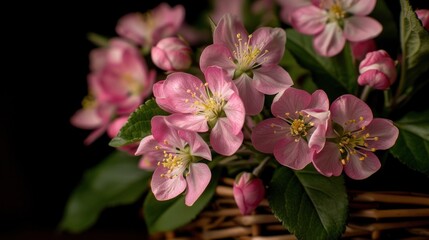 a basket filled with lots of pink flowers on top of a wooden table next to a green leafy plant.