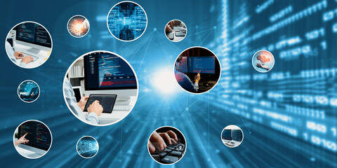 Computer programming, coding and AI artificial intelligence software development engaged by skilled...