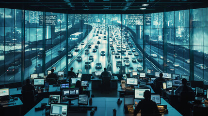 Traffic Control Center Monitoring Evening Rush Hour - obrazy, fototapety, plakaty