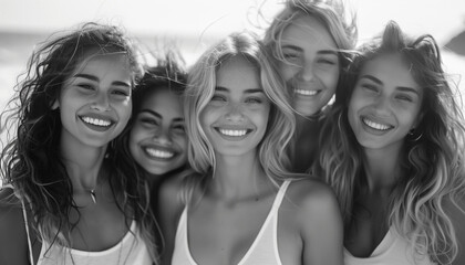 Portrait of five young cheerful smiling and laughing women embracing and looking at camera during outdoor walking. Woman friendship, relations, and happiness concept fashion BW image