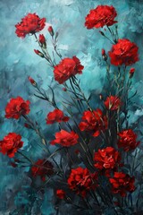 Romantic oil painting with red carnations