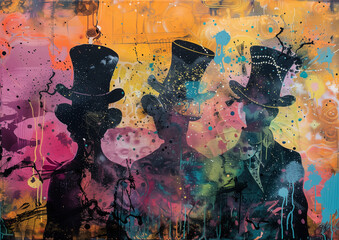 Silhouettes with Top Hats in Colorful Abstract Background
