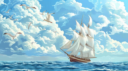 A beautiful painting of a sailboat in the vast ocean, perfect for nautical themes - obrazy, fototapety, plakaty