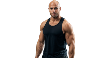 A bald man with prominent muscles stands confidently in a black sleeveless shirt.

