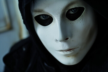 Mysterious Person Wearing White Mask with Black Eyes
