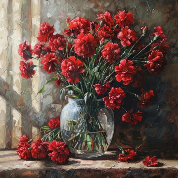 Romantic oil painting with red carnations