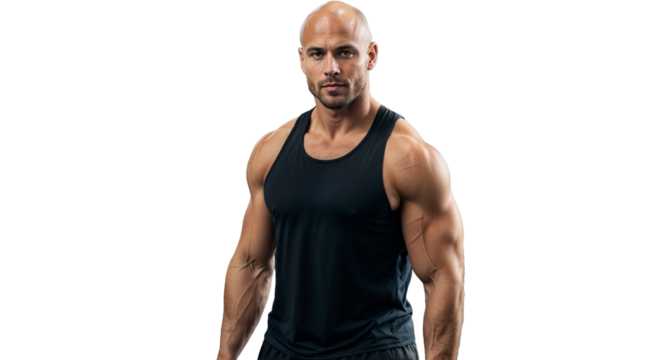 A bald man with prominent muscles stands confidently in a black sleeveless shirt.
- Powered by Adobe