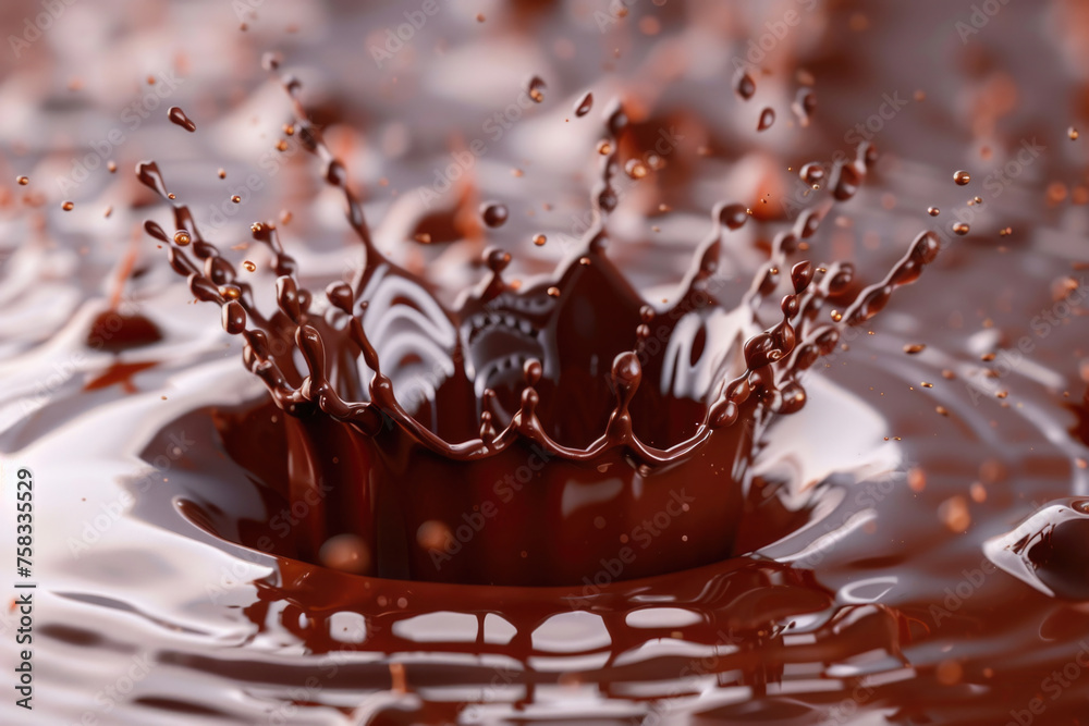 Poster a chocolate crown splashing into a puddle of water. perfect for food and dessert concepts
