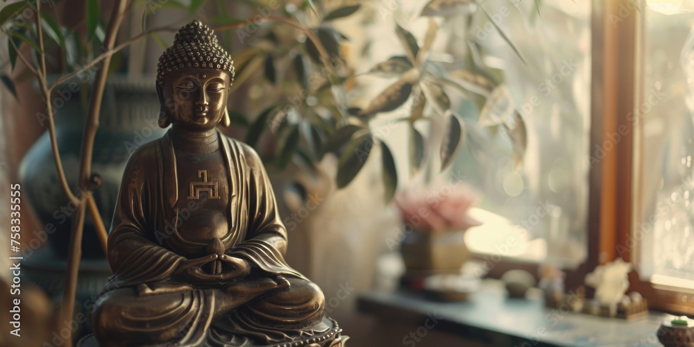 Poster a statue of a person sitting in a meditation position. suitable for wellness and relaxation concepts