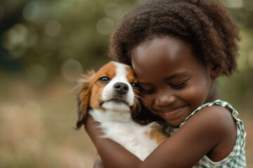 A little girl holding a small dog. Suitable for pet lovers - obrazy, fototapety, plakaty