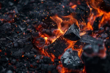 Fotobehang Glowing embers after fire, close up, wallpaper background © Radmila Merkulova