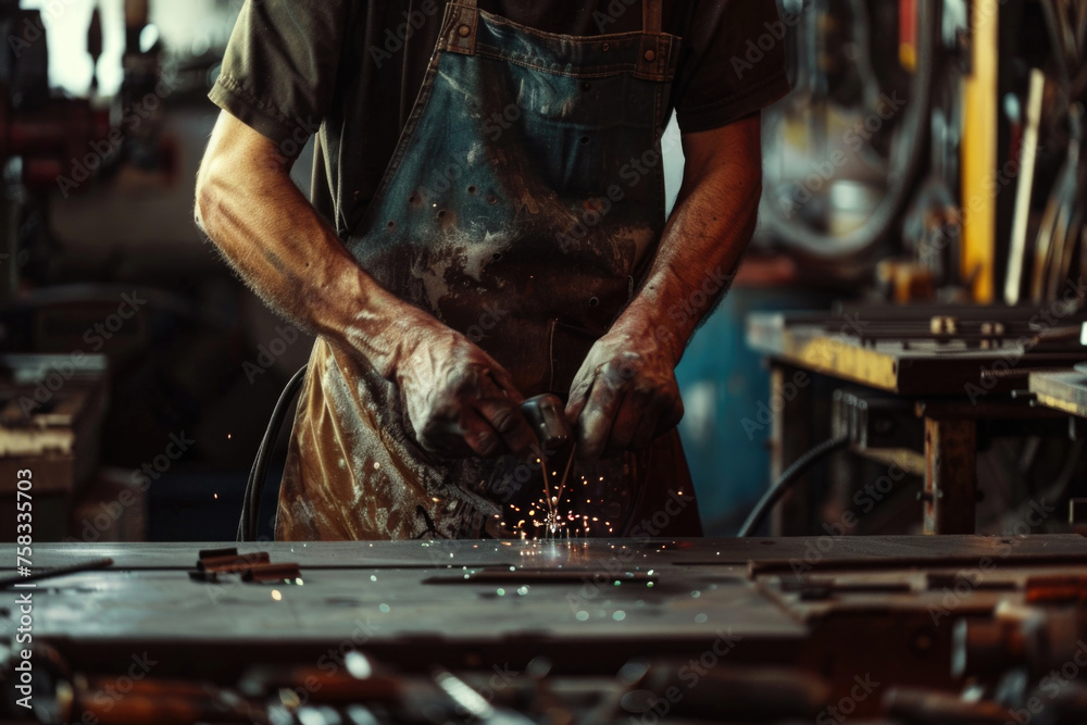Poster A man is seen working in a workshop with various tools. Ideal for illustrating craftsmanship and DIY projects