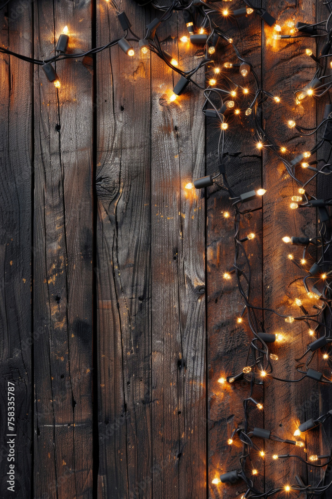 Poster a wooden wall adorned with twinkling lights, perfect for adding warmth and ambiance to any space