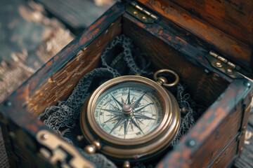 Obraz premium A wooden box with a compass inside. Perfect for travel and exploration concepts
