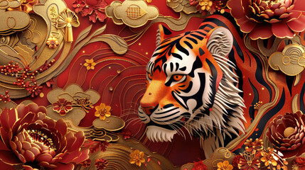Close up of a tiger on a vibrant red background. Perfect for wildlife or animal-themed designs
