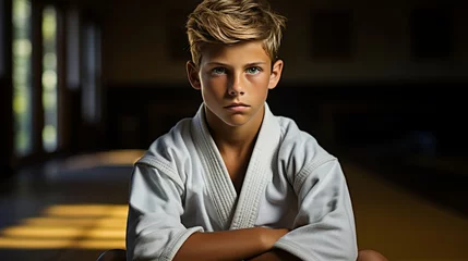 Gordijnen Young boy in traditional white kimono practicing sambo, jiu jitsu, karate martial arts on the dojo mat © chelmicky