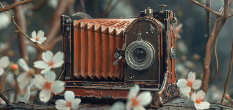 An old camera resting on a tree branch, suitable for photography concepts