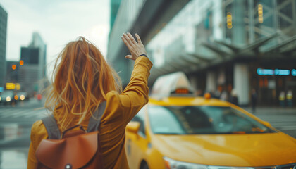 Girl with city leather backpack calling yellow taxi cab raising arm-waving gesture in the city...
