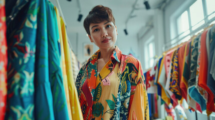 A woman standing in front of a rack of colorful shirts. Perfect for fashion and retail concepts