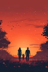 Gordijnen Parents hold the Child's hands and look at the Sunset. Flat illustration with Copy Space © Daniil