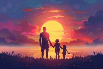 Parents hold the Child's hands and look at the Sunset. Flat illustration with Copy Space - obrazy, fototapety, plakaty