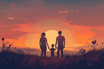 Fototapeta na wymiar Parents hold the Child's hands and look at the Sunset. Flat illustration with Copy Space