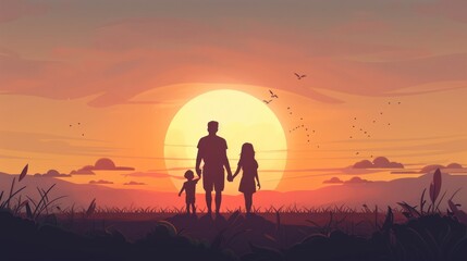 Fototapeta premium Parents hold the Child's hands and look at the Sunset. Flat illustration with Copy Space