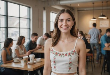 Cheerful young woman standing in a bustling coffee shop. - obrazy, fototapety, plakaty