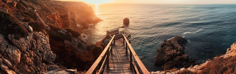 A wooden walkway leading to the edge of an ocean cliff, overlooking the vast sea and coastline Generative Ai