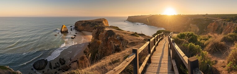 A wooden walkway leads to the edge of an ocean cliff, overlooking beautiful coastal scenery at sunset in Algarve, Portugal Generative AI