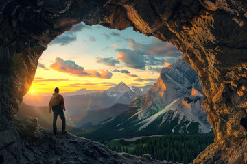 A man standing in a cave looking out at the mountains. Suitable for outdoor and adventure concepts