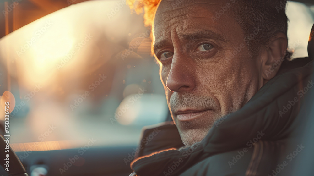 Poster close up of a person in a car, suitable for transportation concepts