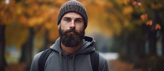 A man with facial hair is sporting a beanie and hoodie at the outdoor event. His beard and...