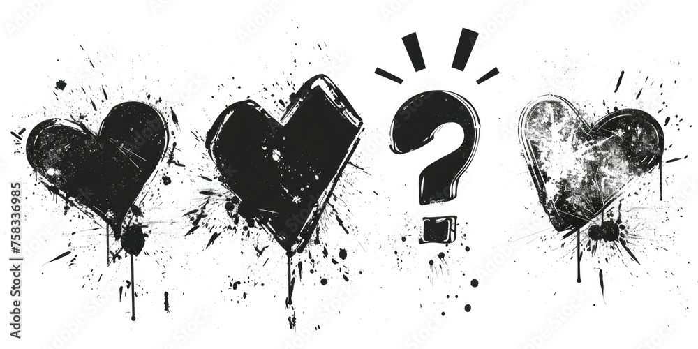 Poster Group of hearts with a question mark symbol on them, suitable for various love and relationship concepts