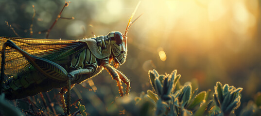grasshopper on a plant with copy space - obrazy, fototapety, plakaty