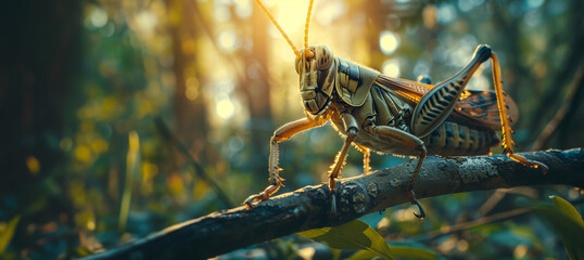 grasshopper on a branch with copy space - obrazy, fototapety, plakaty