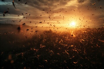 a swarm of insects at sunrise - obrazy, fototapety, plakaty