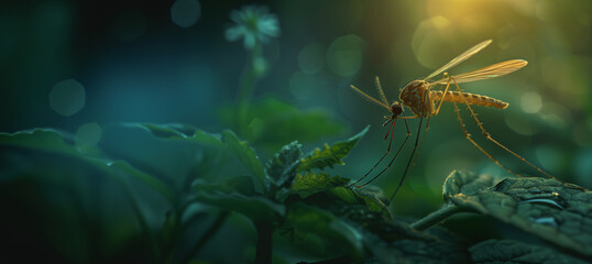 mosquito on a plant during a rain storm with copy space - obrazy, fototapety, plakaty