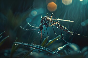 mosquito on a plant during a rain storm with copy space - obrazy, fototapety, plakaty