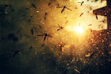 a swarm of mosquitos at sunset - obrazy, fototapety, plakaty
