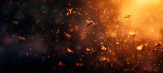 a swarm of insects at sunset - obrazy, fototapety, plakaty