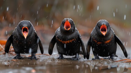 three black birds with orange beaks stand in the rain, with their mouths open and their mouths wide open.