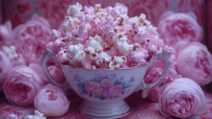 a white bowl filled with pink popcorn surrounded by pink flowers and pink peonies on a pink and white table cloth.
