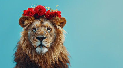 Fototapeta premium Majestic lion wearing a flower crown, suitable for nature-themed designs