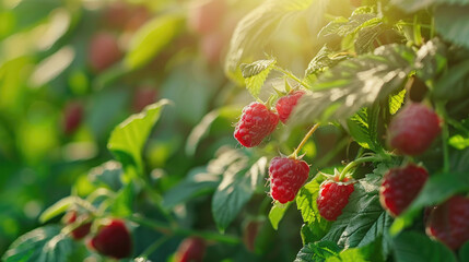 Fresh raspberries growing on a bush, perfect for food or nature concepts