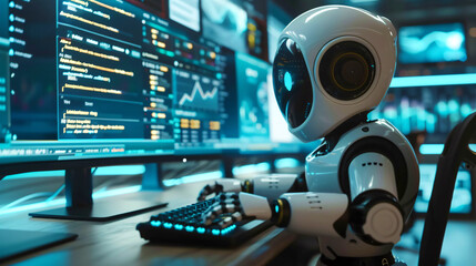 Fototapeta na wymiar humanoid robot working on laptop Artificial Intelligence replacing human concept