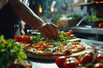 A person slicing a pizza on a table. Suitable for food and cooking concepts