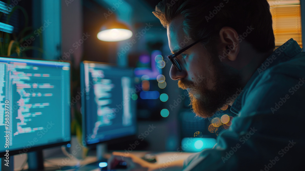 Poster A man sitting in front of two computer monitors. Ideal for technology and work concept