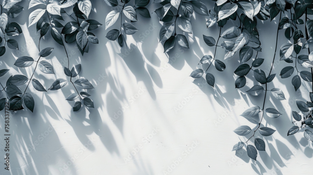 Poster black and white image of leaves on a wall, suitable for various design projects