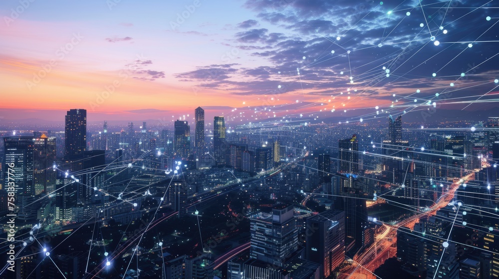 Wall mural smart city with connecting network and internet of things digital graphics over the skyline aig41